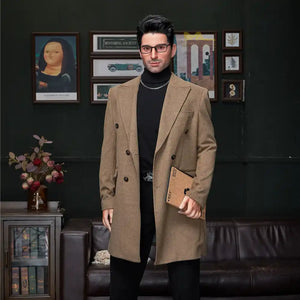 5ft 9in 176cm muscular White male sex doll with a large penis in black dress clothes and a coat.