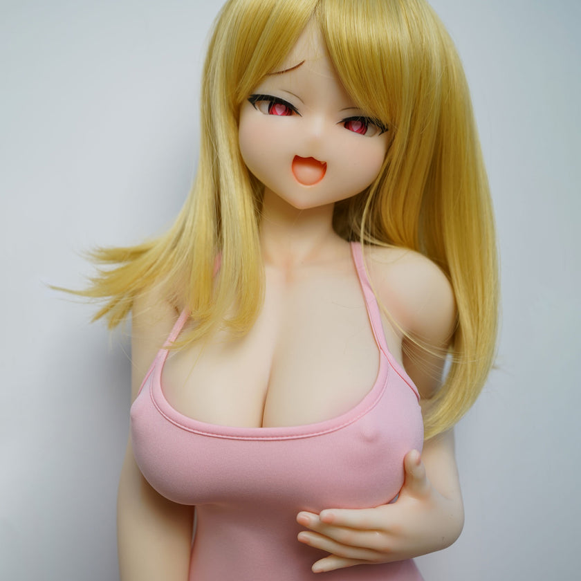 3ft 1in or 95cm tall mini Anime style silicone sex doll with large breasts and blonde hair in a tight pink outfit.  Made by Irokebijin.