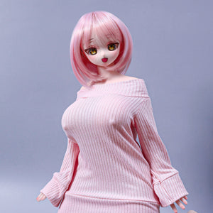 2ft 60cm mini anime sex doll Azami. Silicone body construction, giant breasts, fair skin, pink hair and a sexy curvy body in a pink blouse.