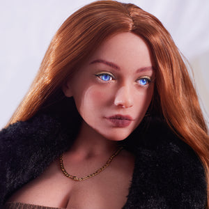 2ft 60cm mini anime sex doll Hedy. Silicone body construction, ultra realistic breasts, and body, fair skin, long red hair and a curvy body in a sheer top, black fur  coat, brown mini skirt and brown tube top.