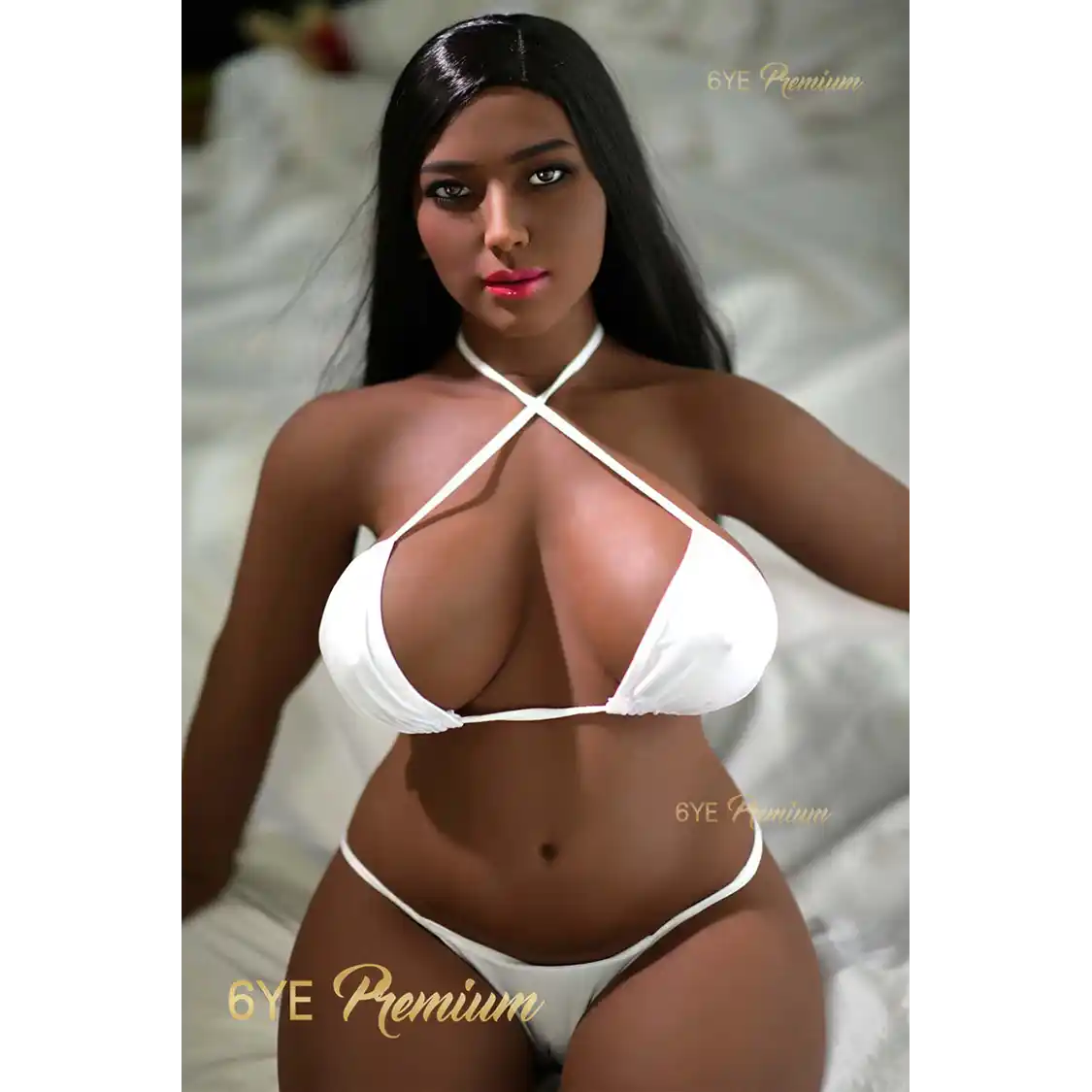 4ft 6in 138cm Curvy ebony sex doll with long black hair, dark skin, and large breasts in a white bikini.  Made by 6ye.