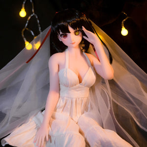 2ft 60cm mini anime silicone sex doll Kurumi. Featuring large breasts, fair skin and a fit athletic body in a fantasy dress.