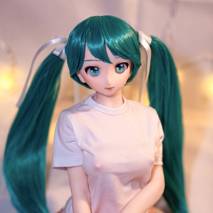 2ft 60cm mini anime sex doll Kurumi. Made of silicone featuring large breasts, fair skin, long blue hair and a fit athletic body in a skirt and t-shirt.