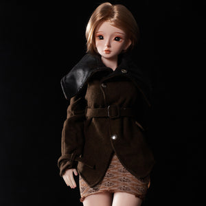 2ft 60cm mini anime silicone sex doll Miyabi. Featuring large breasts, fair skin and a fit athletic body in a brown coat and skirt.