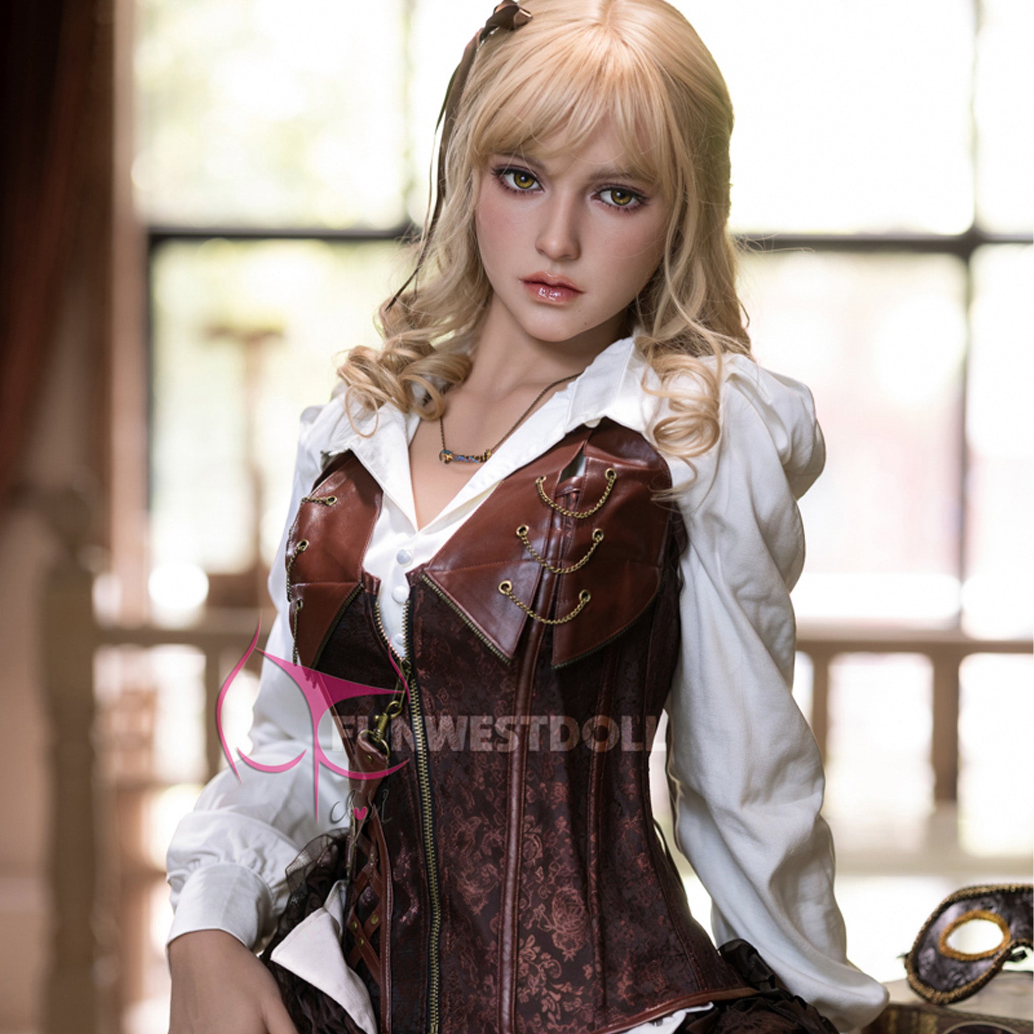 5ft 152cm petite white female TPE sex doll by FunWest, with blonde hair fair skin, and perky C-cup breasts in a fantasy outfit.
