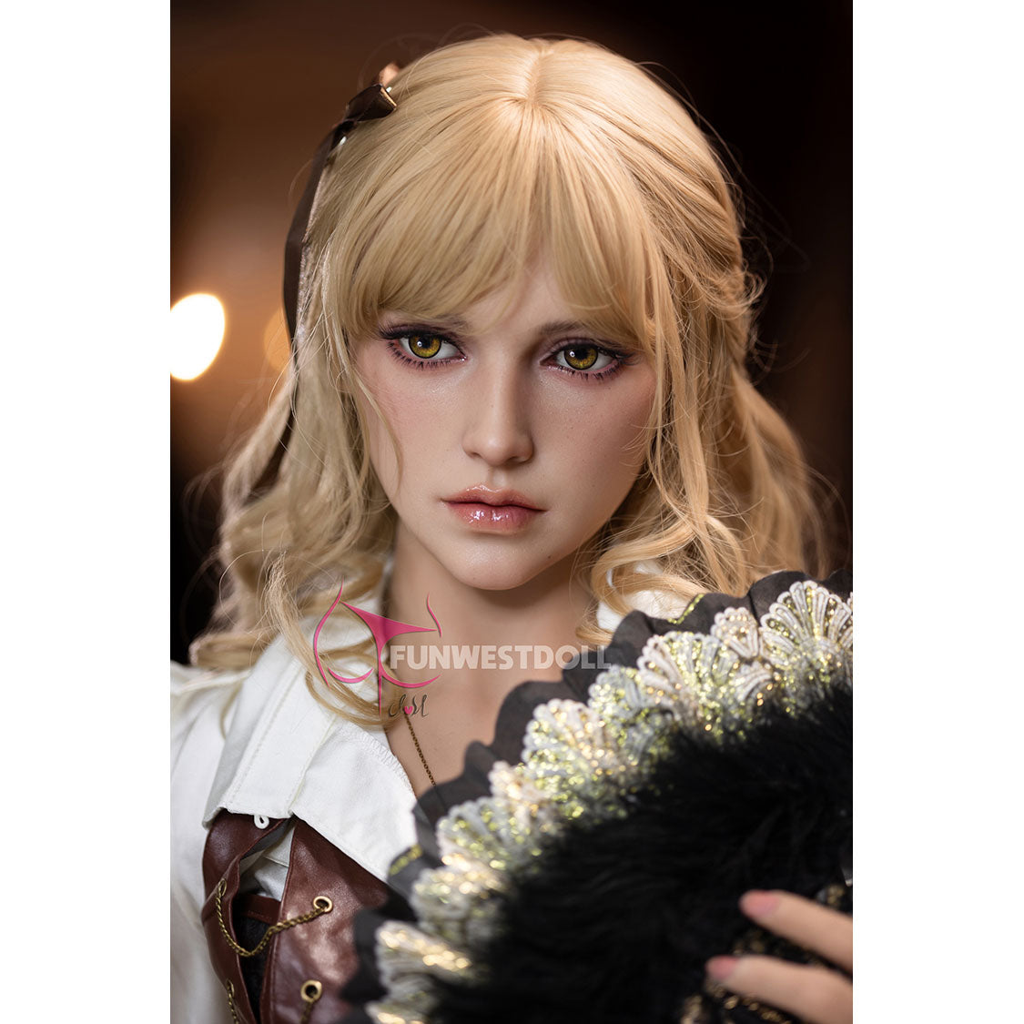 5ft 152cm petite white female TPE sex doll by FunWest, with blonde hair fair skin, and perky C-cup breasts in a fantasy outfit.