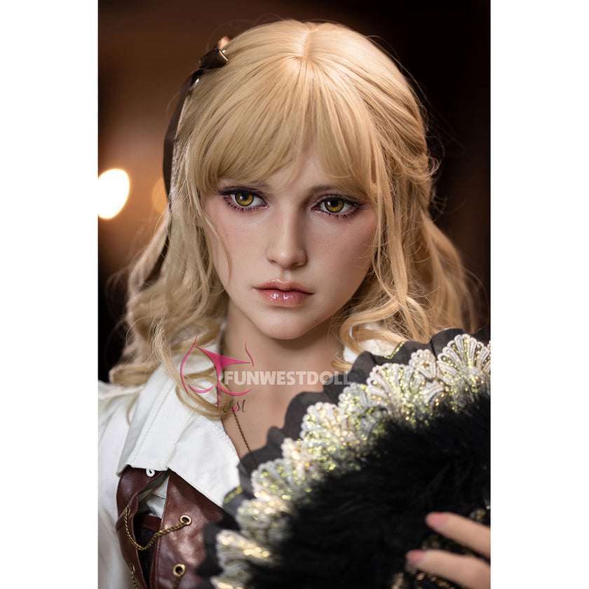 5ft 152cm petite white female TPE sex doll by FunWest, with blonde hair fair skin, and perky C-cup breasts in a fantasy outfit.