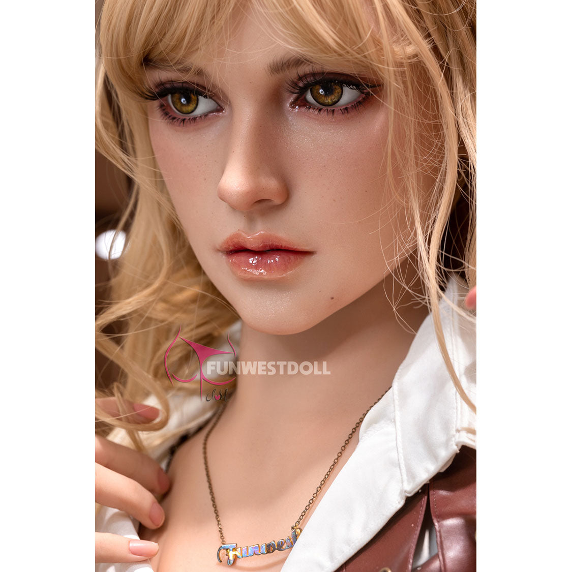 5ft 152cm petite white female TPE sex doll by FunWest, with blonde hair fair skin, and perky C-cup breasts in a fantasy outfit.