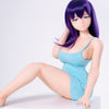 3ft 1in or 95cm tall mini Anime style silicone sex doll with large breasts, purple hair and blue eyes in a tight blue outfit.  Made by Irokebijin.