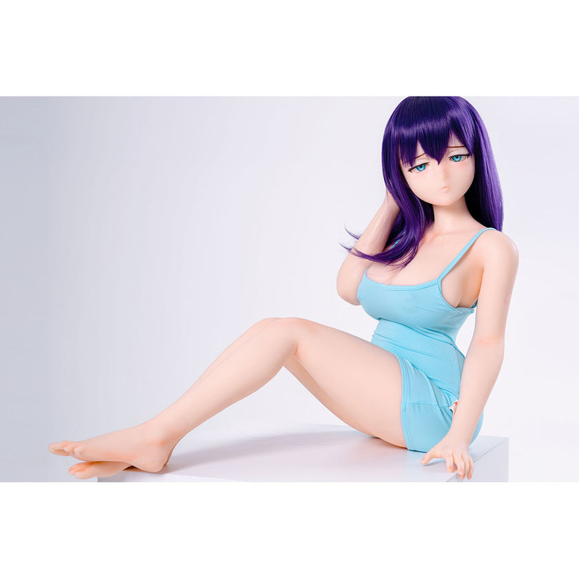 3ft 1in or 95cm tall mini Anime style silicone sex doll with large breasts, purple hair and blue eyes in a tight blue outfit.  Made by Irokebijin.