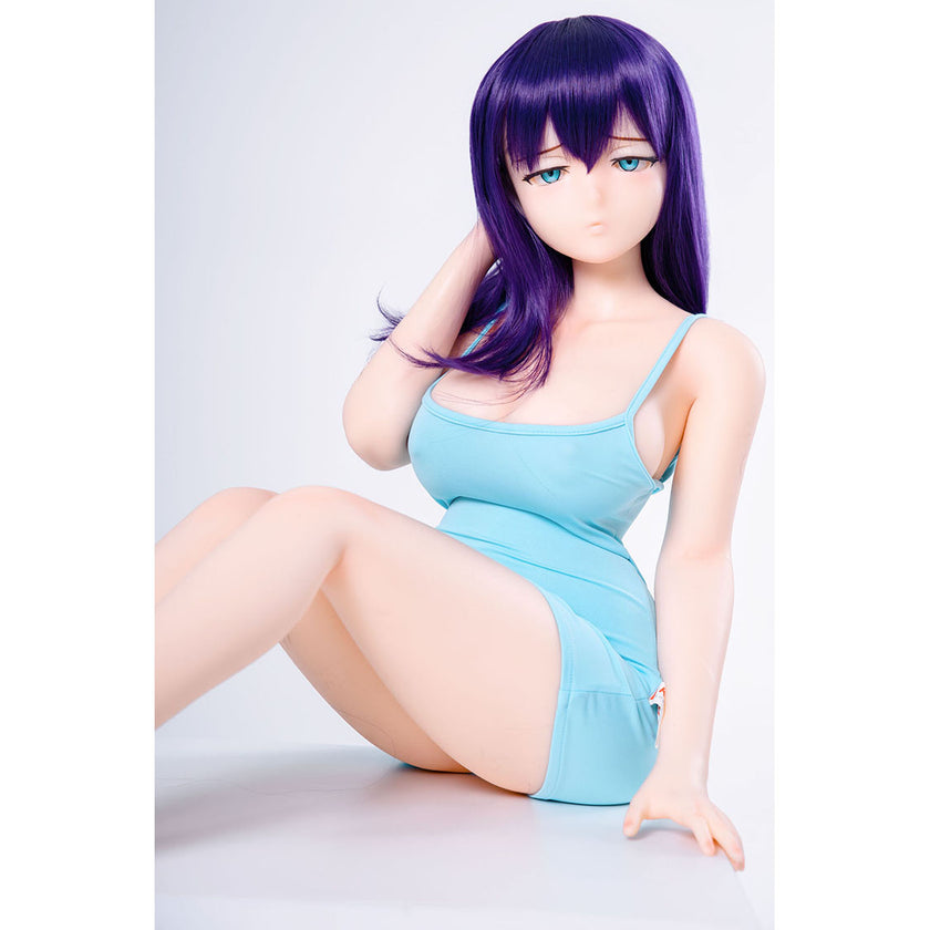3ft 1in or 95cm tall mini Anime style silicone sex doll with large breasts, purple hair and blue eyes in a tight blue outfit.  Made by Irokebijin.