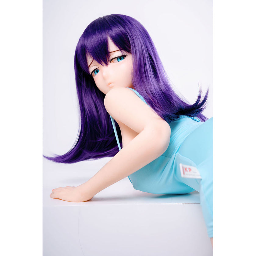 3ft 1in or 95cm tall mini Anime style silicone sex doll with large breasts, purple hair and blue eyes in a tight blue outfit.  Made by Irokebijin.