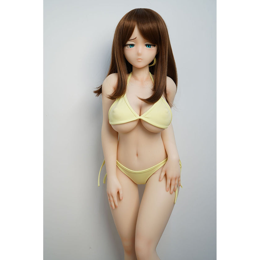 3ft 1in or 95cm tall mini Anime style silicone sex doll with large breasts, brown hair and blue eyes in a yellow bikini.  Made by Irokebijin.