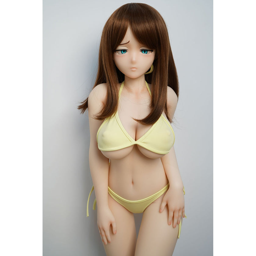3ft 1in or 95cm tall mini Anime style silicone sex doll with large breasts, brown hair and blue eyes in a yellow bikini.  Made by Irokebijin.