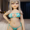 3ft 11in or 120cm tall Aoi.  Anime TPE sex doll with large breasts, long silver hair, purple eyes and a pink and light blue bikini. Made by Irokebijin.