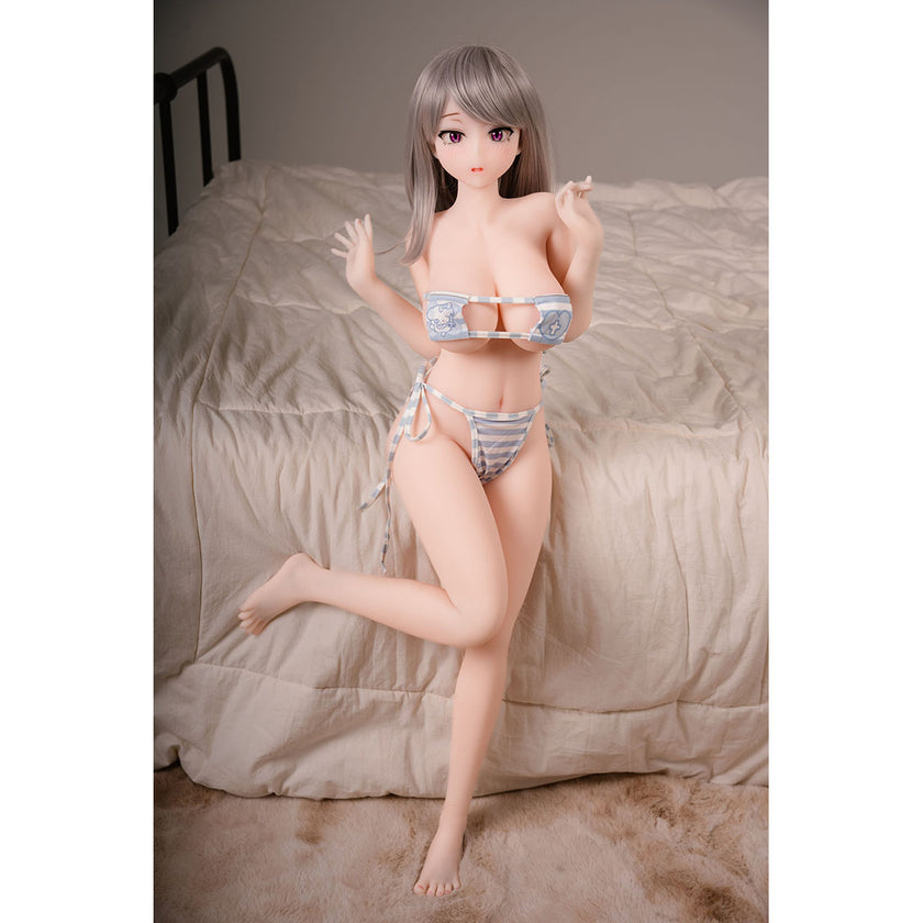 3ft 1in or 95cm tall Akane.  Mini Anime silicone sex doll with large breasts, long blonde hair and a gray and white bikini. Made by Irokebijin.