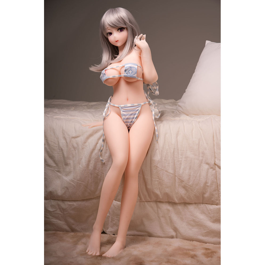 3ft 1in or 95cm tall Akane.  Mini Anime silicone sex doll with large breasts, long blonde hair and a gray and white bikini. Made by Irokebijin.