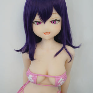 3ft 11in or 120cm tall Aki.  Anime TPE sex doll with large breasts, long dark blue hair, purple eyes and a pink and white bikini. Made by Irokebijin.
