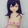 3ft 11in or 120cm tall Aki.  Anime TPE sex doll with large breasts, long dark blue hair, purple eyes and a pink and white bikini. Made by Irokebijin.