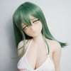 3ft 1in or 95cm tall Rico A.  Mini Anime TPE sex doll with large breasts, long green hair, yellow eyes and a white Irokebijin bikini. Made by Irokebijin.