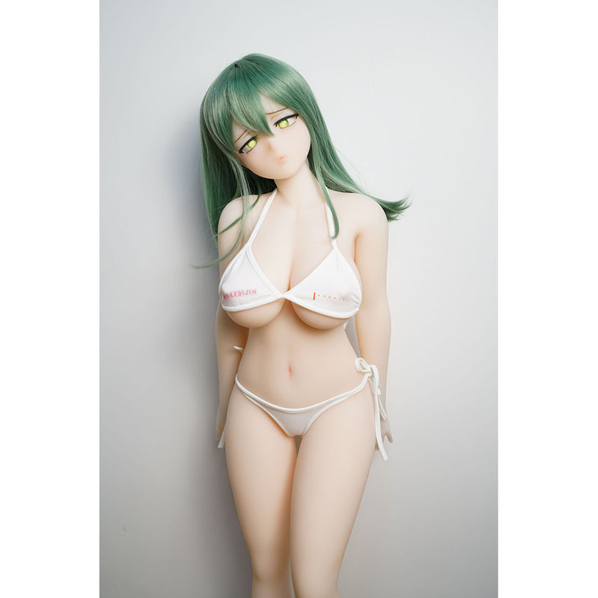 3ft 1in or 95cm tall Rico A.  Mini Anime TPE sex doll with large breasts, long green hair, yellow eyes and a white Irokebijin bikini. Made by Irokebijin.