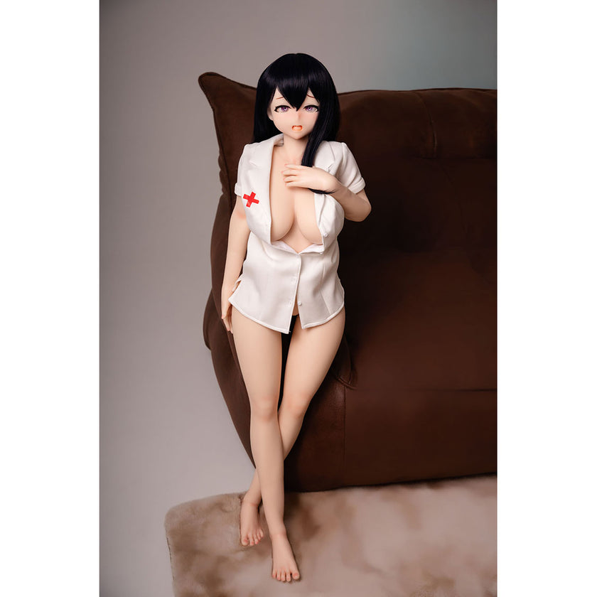 3ft 1in or 95cm tall mini Anime style silicone sex doll with large breasts, black hair and pink eyes in white lingerie.  Made by Irokebijin.