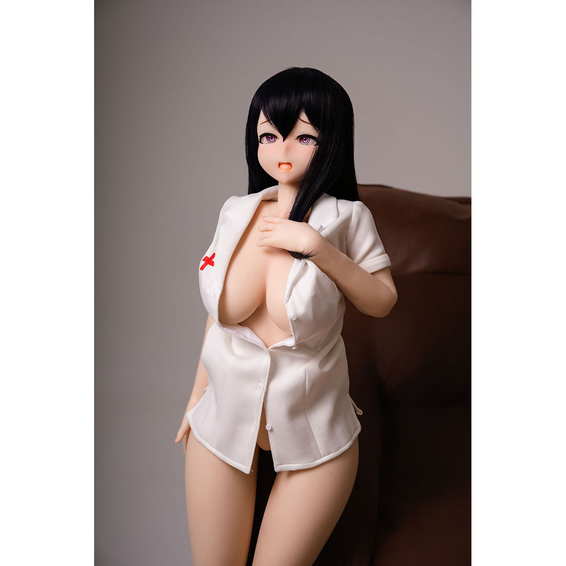 3ft 1in or 95cm tall mini Anime style silicone sex doll with large breasts, black hair and pink eyes in white lingerie.  Made by Irokebijin.