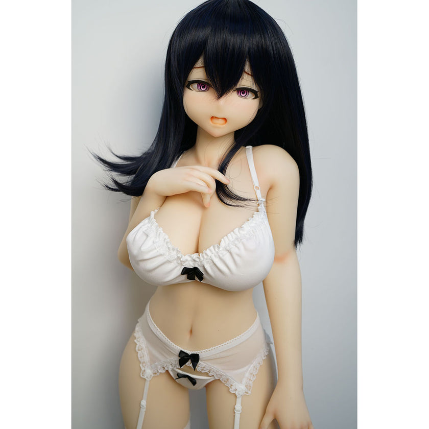 3ft 1in or 95cm tall mini Anime style silicone sex doll with large breasts, black hair and pink eyes in white lingerie.  Made by Irokebijin.