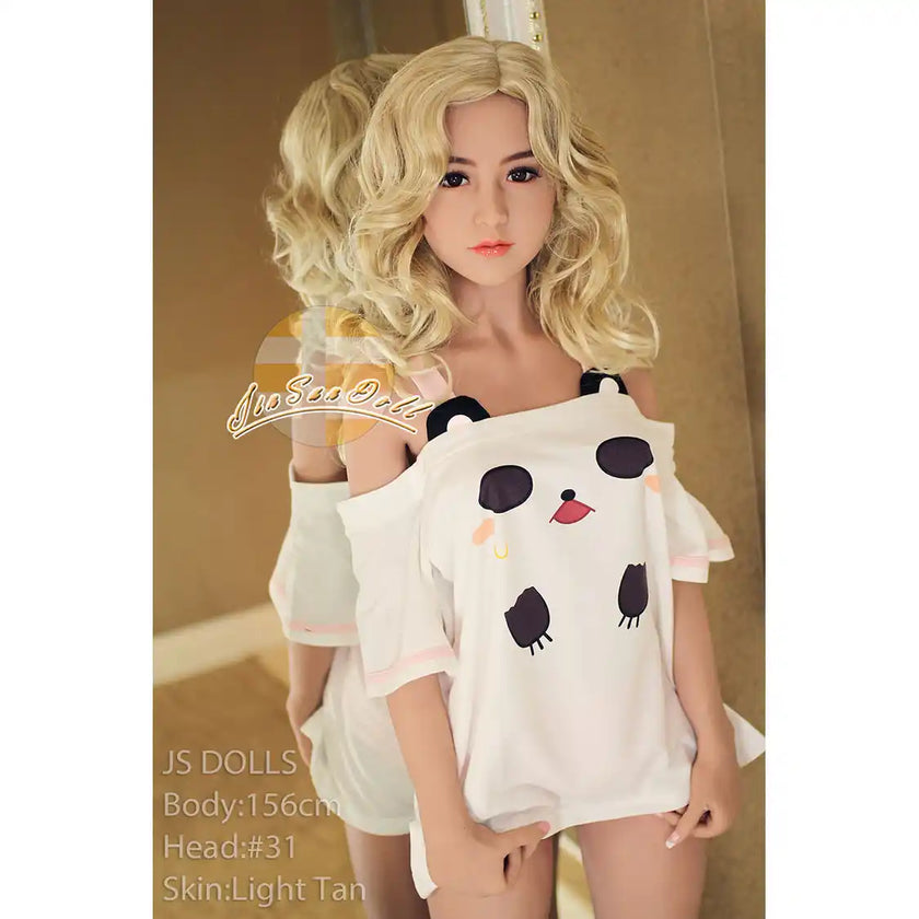 Hot full size 5ft 1in 156cm tall TPE sex doll with C cup breasts and long blonde wavy hair. By JS Doll.