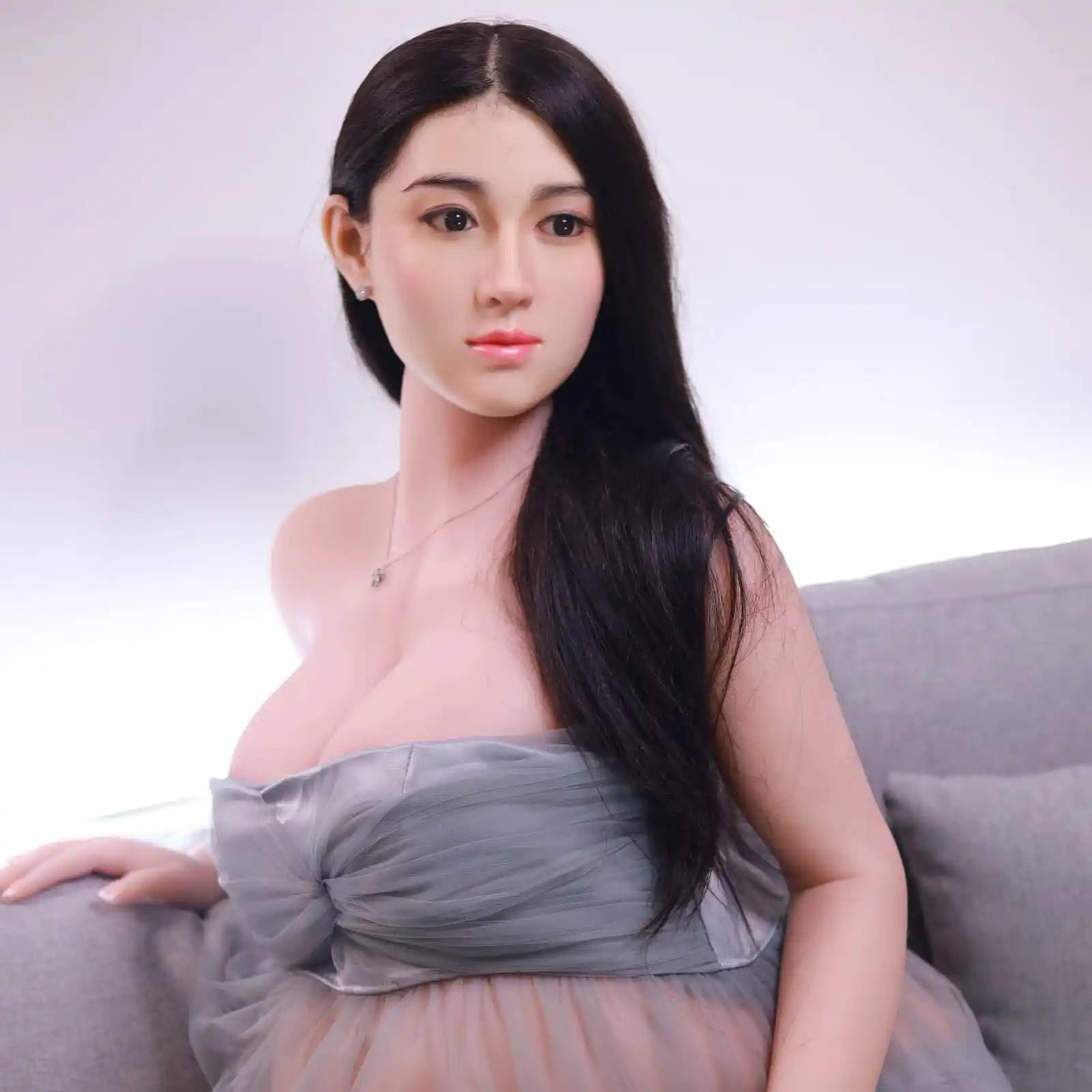 Full size 5ft 3in 160cm tall pregnant Asian, TPE sex doll with realistic silicone head and implanted hair with large breasts.  By JY Doll.