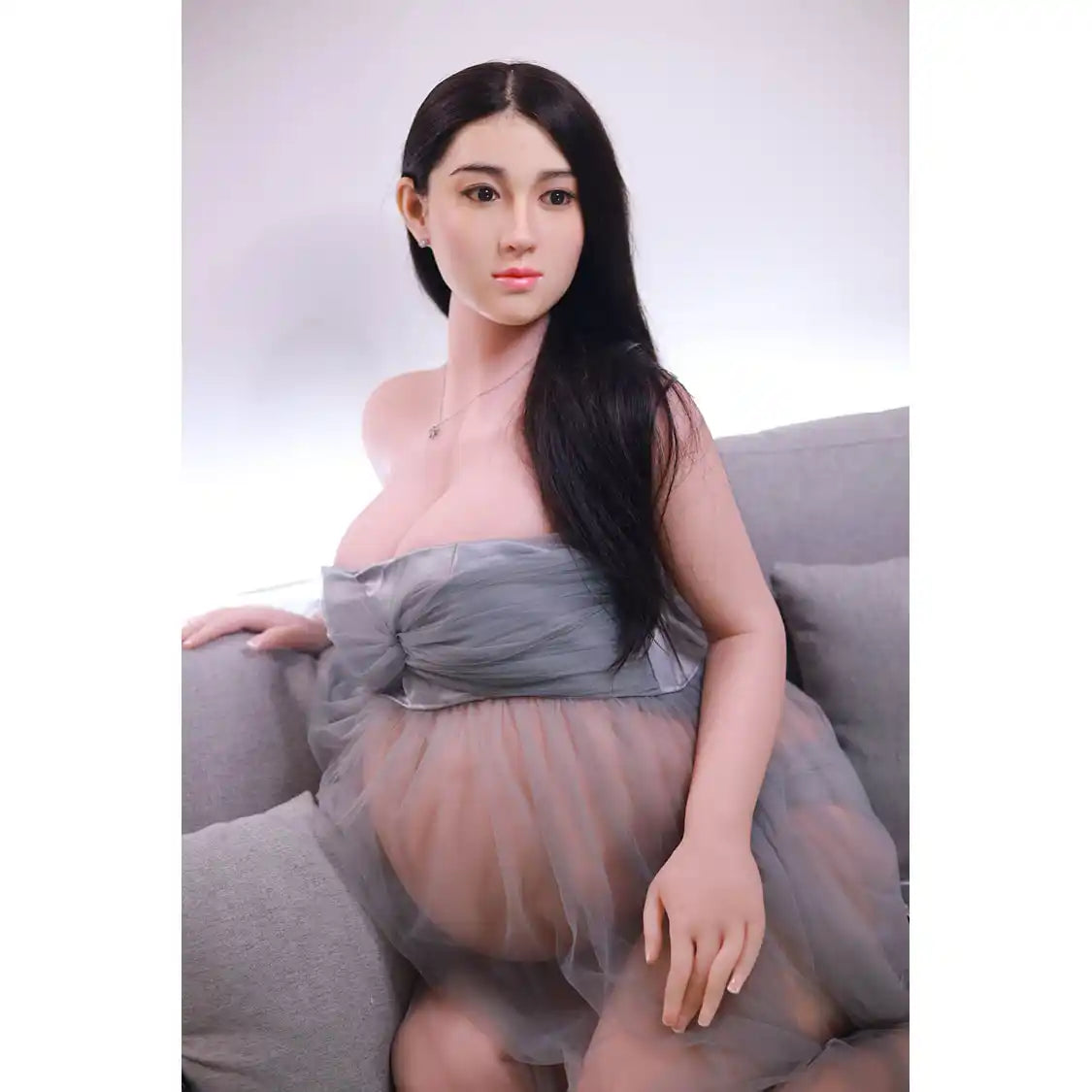 Full size 5ft 3in 160cm tall pregnant Asian, TPE sex doll with realistic silicone head and implanted hair with large breasts.  By JY Doll.