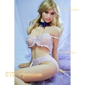 5ft 7in 169cm curvy white female sex doll with long blonde hair, fair skin, and C-cup breasts in pink lingerie.  Made by 6ye.