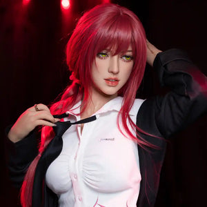 5ft 3in 162cm white female tpe sex doll with bright red hair, F-cup breasts, and curvy figure in an emo school girl outfit.