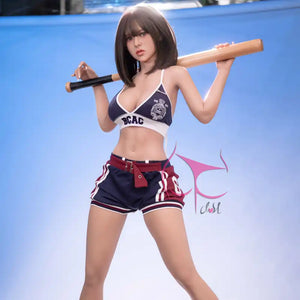 5ft 5in 155cm Asian female TPE sex doll with black hair, F-cup breasts and a slim athletic figure in a sports outfit.