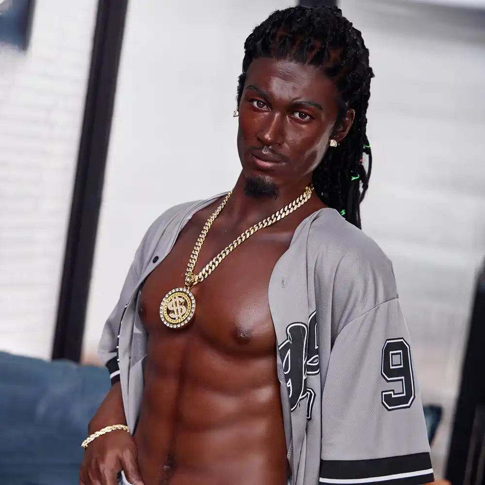 5ft 6in 170cm muscular Black male sex doll with a large penis and dreadlocks in a jersey and shorts.