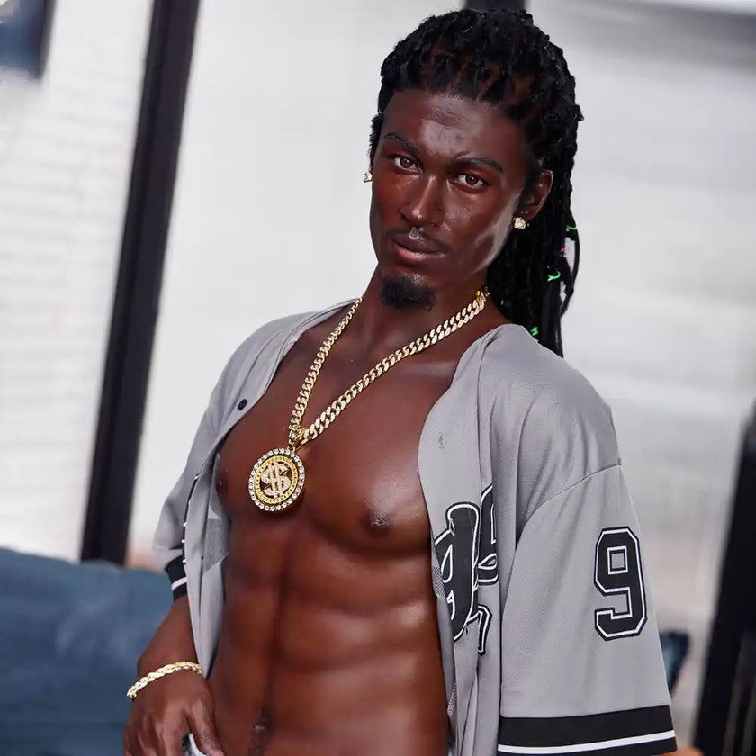 5ft 6in 170cm muscular Black male sex doll with a large penis and dreadlocks in a jersey and shorts.