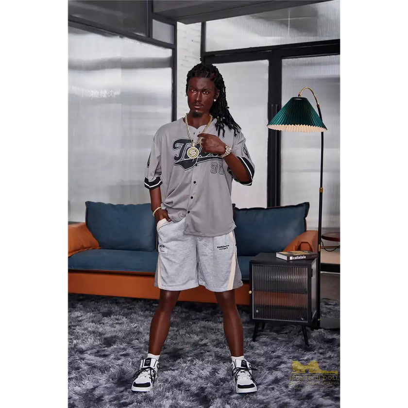 5ft 6in 170cm muscular Black male sex doll with a large penis and dreadlocks in a jersey and shorts.