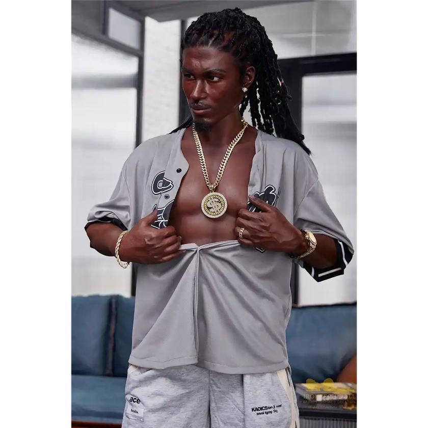 5ft 6in 170cm muscular Black male sex doll with a large penis and dreadlocks in a jersey and shorts.