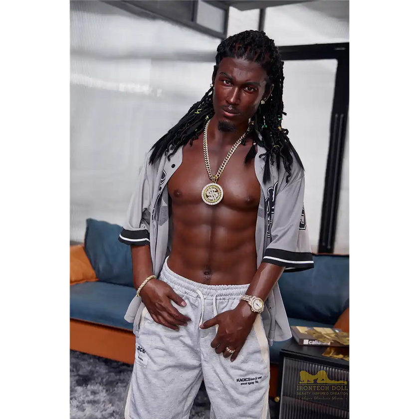 5ft 6in 170cm muscular Black male sex doll with a large penis and dreadlocks in a jersey and shorts.