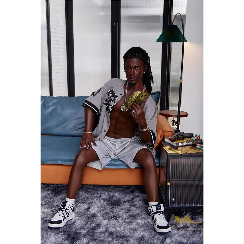 5ft 6in 170cm muscular Black male sex doll with a large penis and dreadlocks in a jersey and shorts.