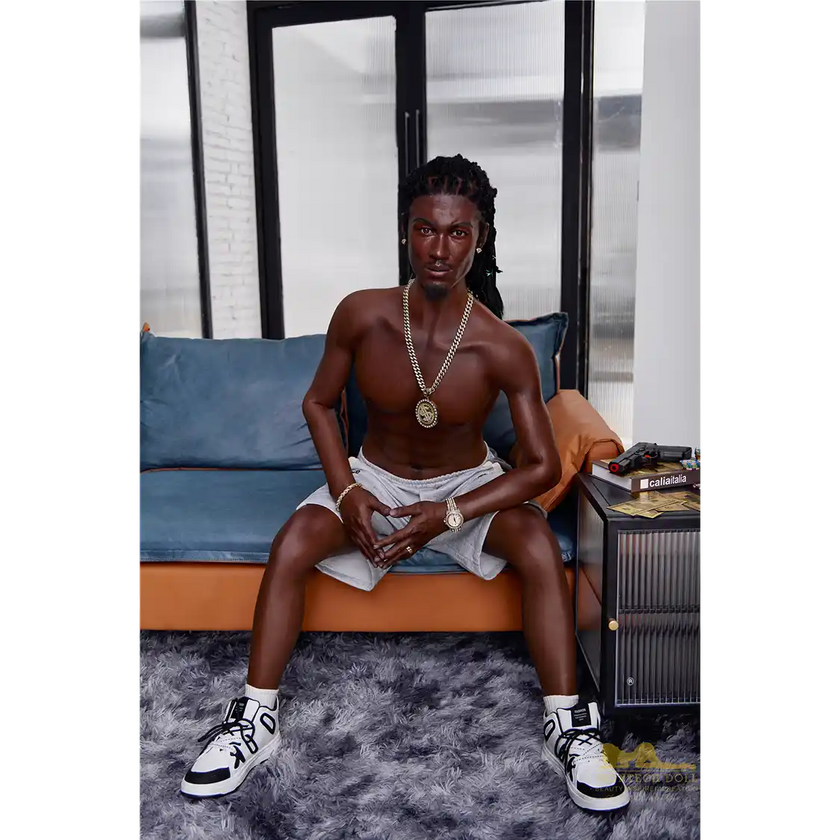 5ft 6in 170cm muscular Black male sex doll with a large penis and dreadlocks in a jersey and shorts.