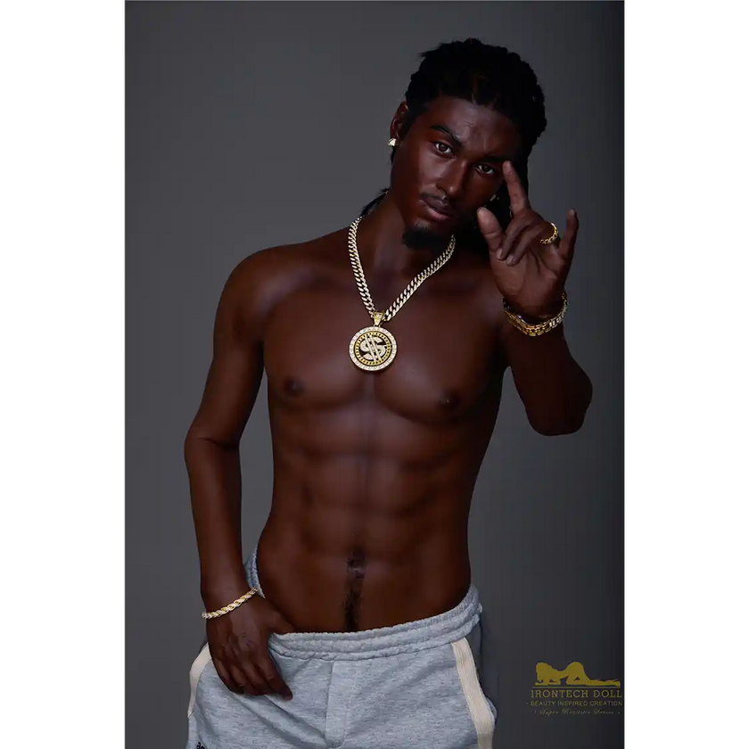 5ft 6in 170cm muscular Black male sex doll with a large penis and dreadlocks in a jersey and shorts.