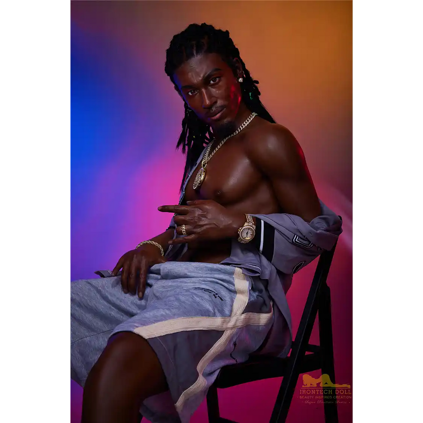 5ft 6in 170cm muscular Black male sex doll with a large penis and dreadlocks in a jersey and shorts.