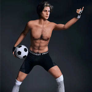 5ft 9in 175cm muscular Asian male sex doll with blonde hair, and a large penis dressed in a soccer outfit.