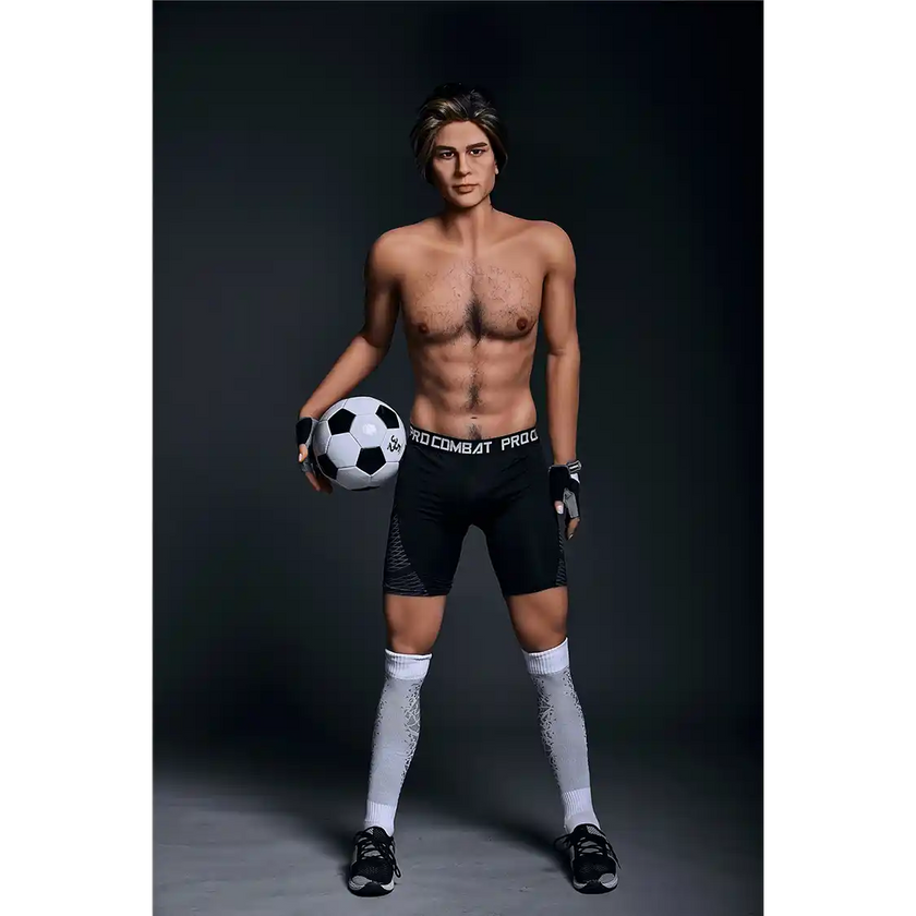 5ft 9in 175cm muscular Asian male sex doll with blonde hair, and a large penis dressed in a soccer outfit.