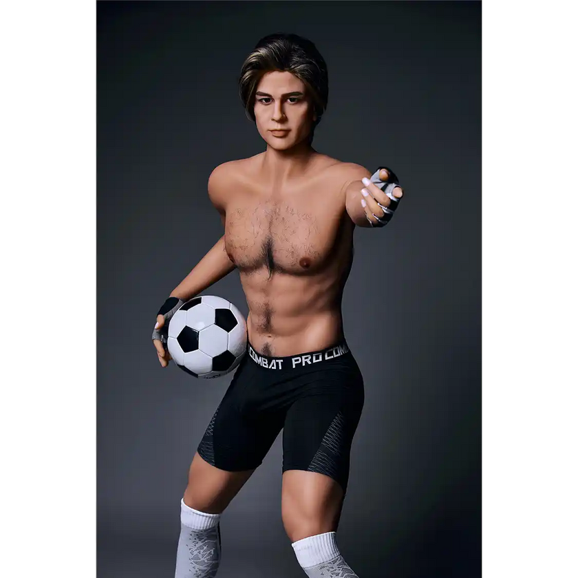 5ft 9in 175cm muscular Asian male sex doll with blonde hair, and a large penis dressed in a soccer outfit.