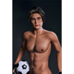 5ft 9in 175cm muscular Asian male sex doll with blonde hair, and a large penis dressed in a soccer outfit.