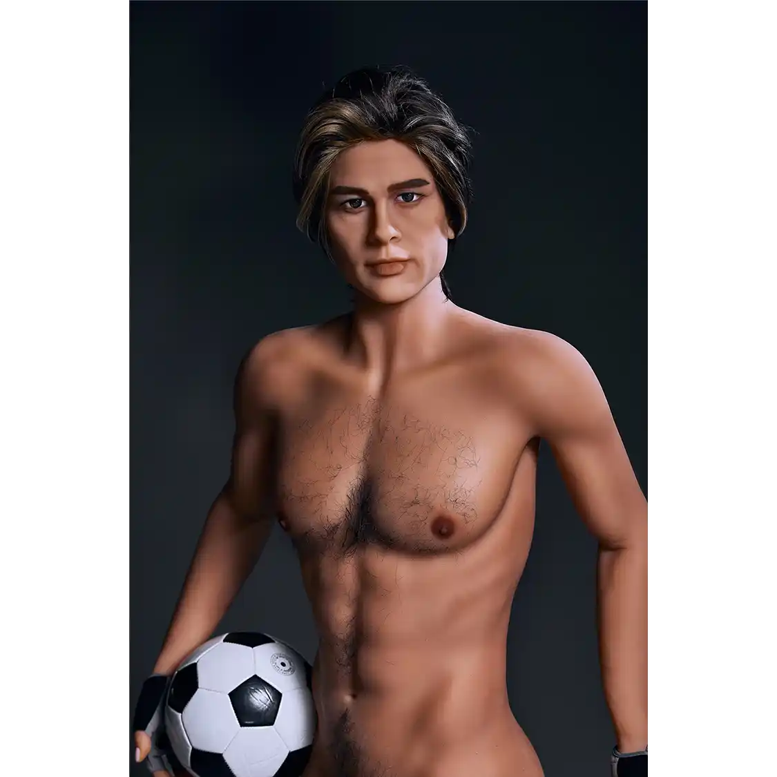 5ft 9in 175cm muscular Asian male sex doll with blonde hair, and a large penis dressed in a soccer outfit.