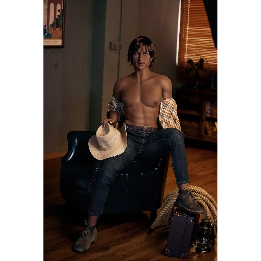 5ft 9in 175cm muscular dark skinned Asian male sex doll with dark hair, and a large penis dressed in a cowboy outfit.