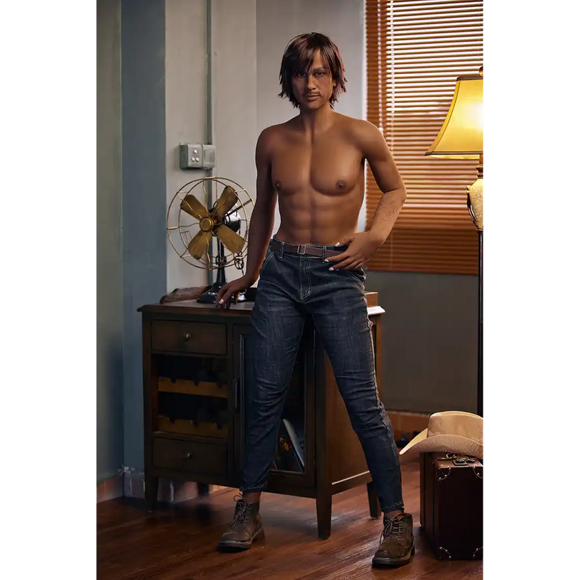 5ft 9in 175cm muscular dark skinned Asian male sex doll with dark hair, and a large penis dressed in a cowboy outfit.